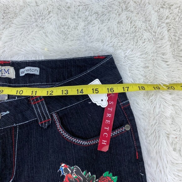 NWT MKM Designs Black Y2K Style Skull Floral Skinny Mid Rise Jeans Size 13 - Picture 10 of 11